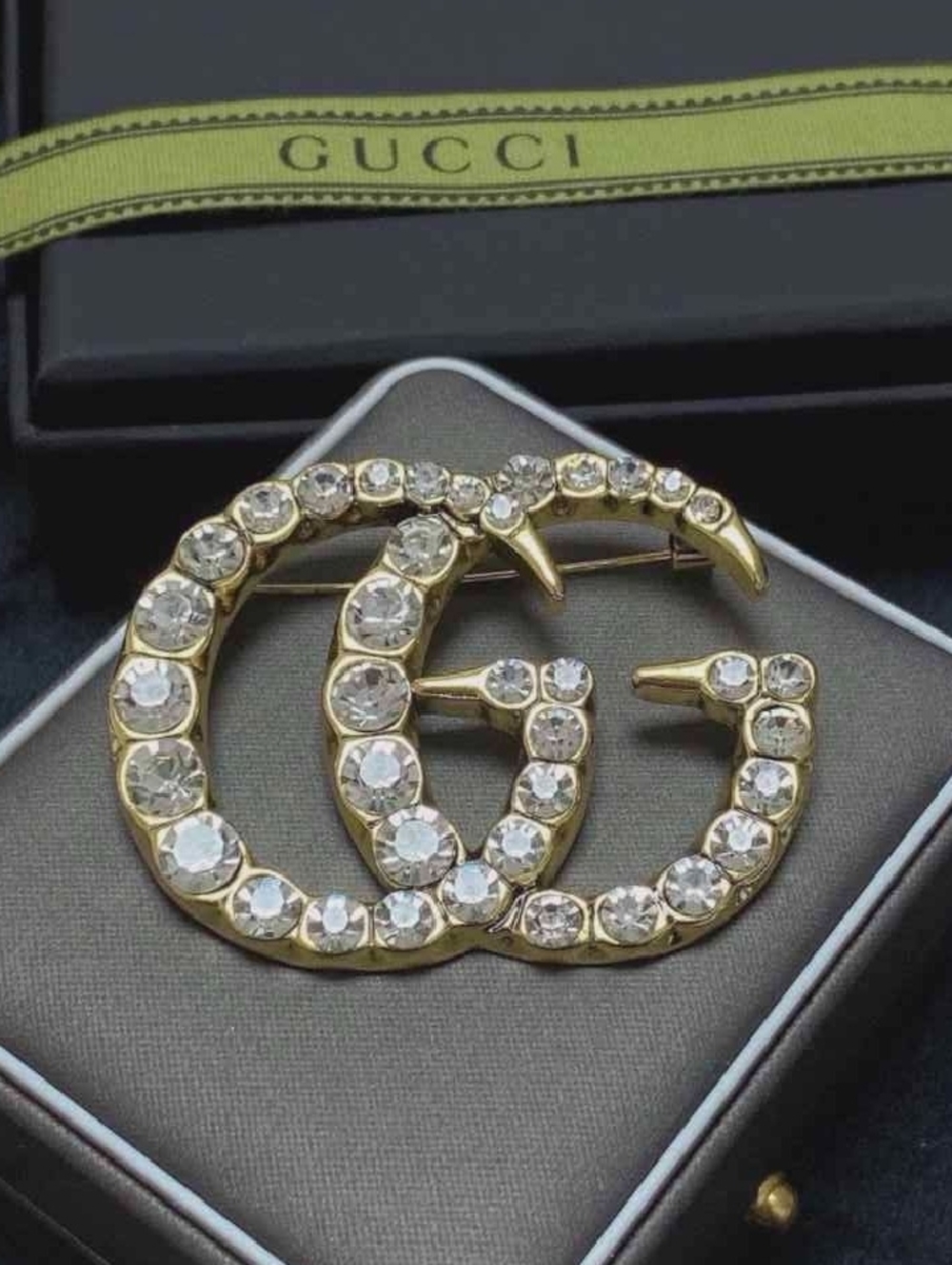 Gucci Gold-Tone Crystal Double G Pin Brooch - Picture 6 of 7